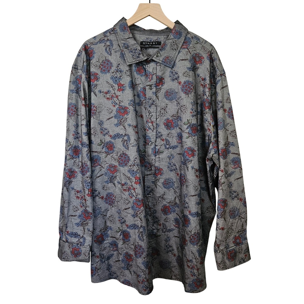 Synrgy Floral Print Button Front Shirt Men's 3XL Blue Black Maroon Long Sleeve‎